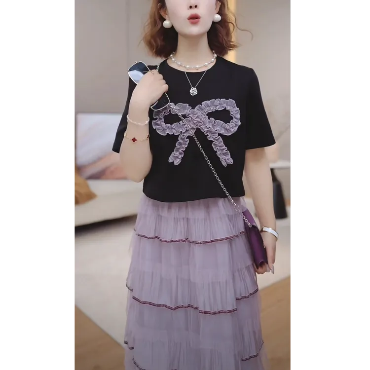 撞色拼接假两件短袖连衣裙女2025夏季新款洋气减龄显瘦百搭中长款