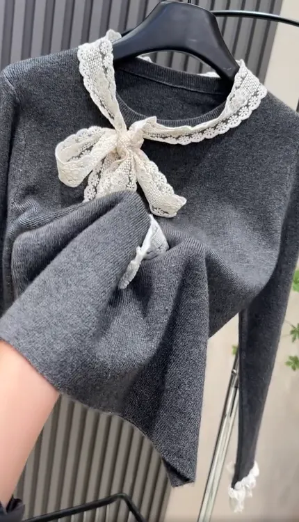 2026新款法式大码慵懒风长袖针织衫女蝴蝶结系带套头松上衣