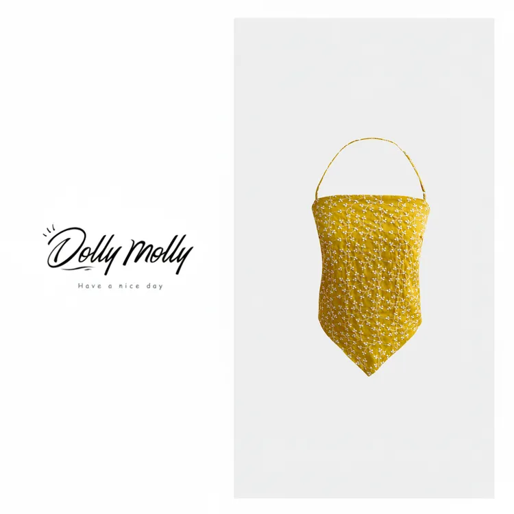 DOLLY&MOLLY夏日阳光黄色刺绣肚兜挂脖背心吊带复古度假风氛围361