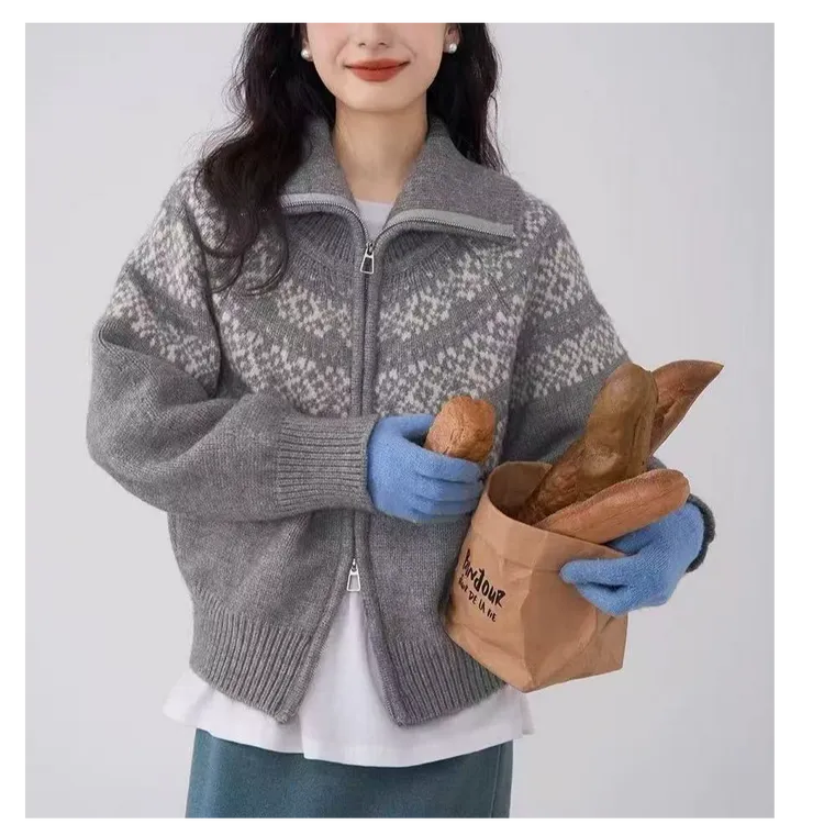 韩系复古提花拉链费尔岛毛衣外套秋冬女装加厚短款翻领针织开衫