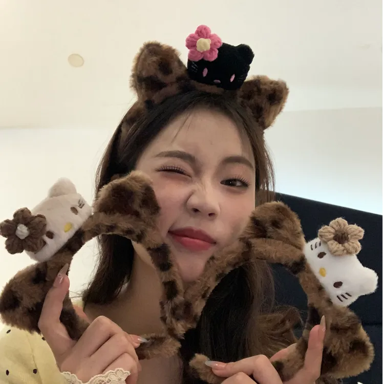 韩系甜美少女心Kitty发箍毛绒辣妹豹纹黑皮小猫2025新款头箍发饰