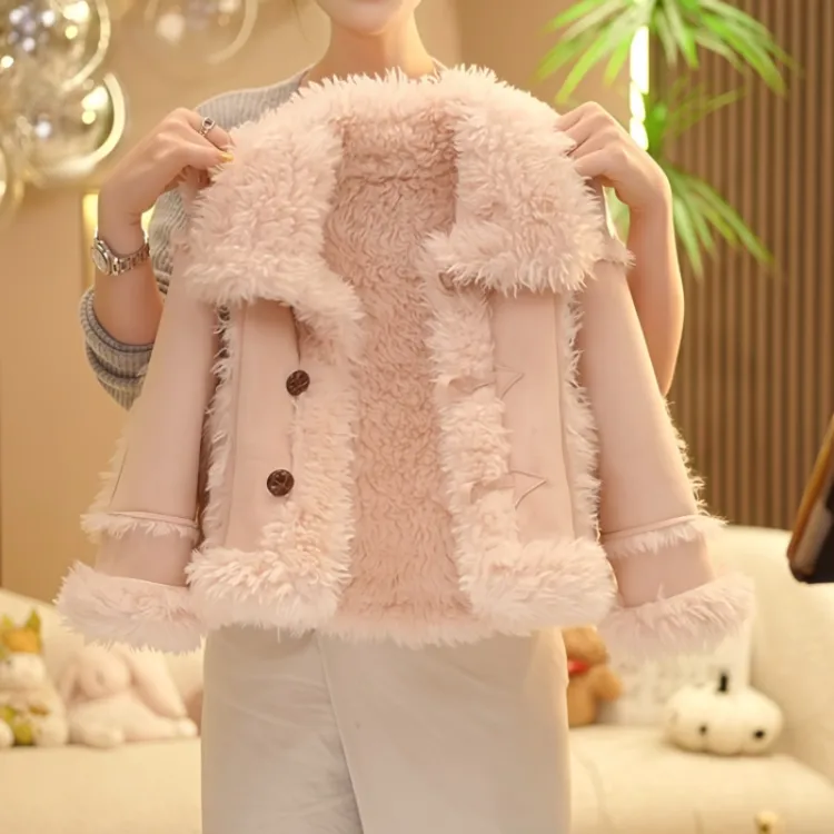 女童皮毛一体外套2025冬季新款儿童加绒加厚毛毛衣洋气翻领棉衣潮