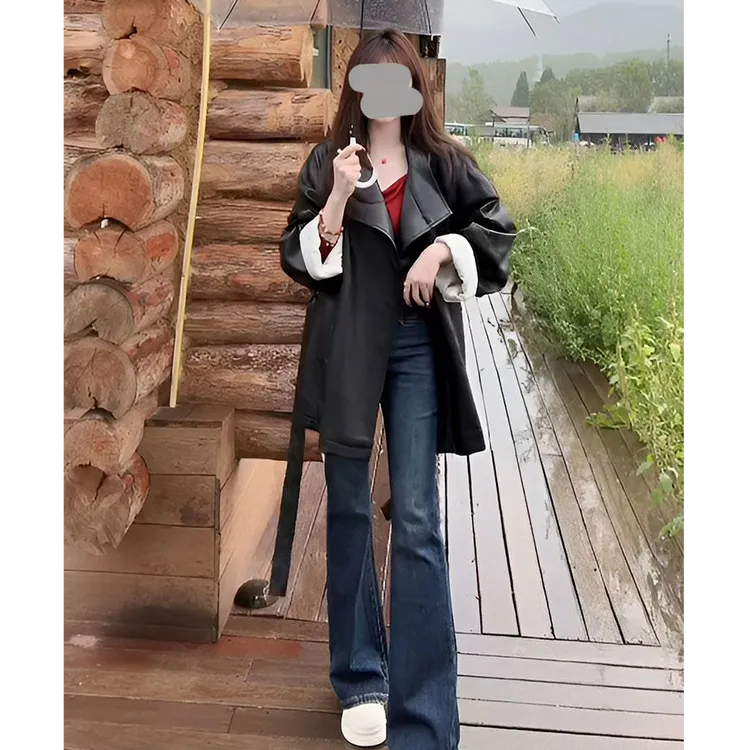 黑色翻领皮衣外套女2025新款秋冬季时尚高级感绑带收腰中长款夹克