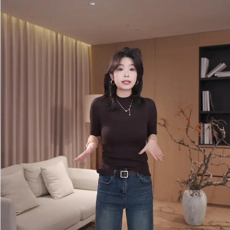 广州琴姐【美术生】 琥珀流光风显瘦半高领短袖T恤针织衫女秋季2016