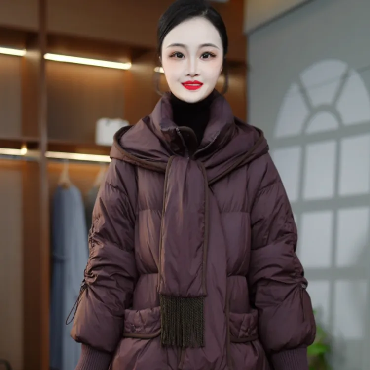 冬季新款优雅时尚百搭气质显瘦减龄带围巾鸭绒羽绒服外套M-XL