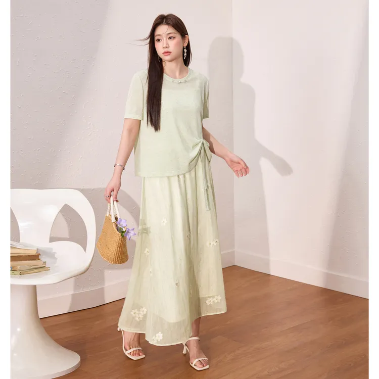 蓝语大码女装透气轻薄盘扣短袖小衫夏新款显瘦碎花半裙套装12091