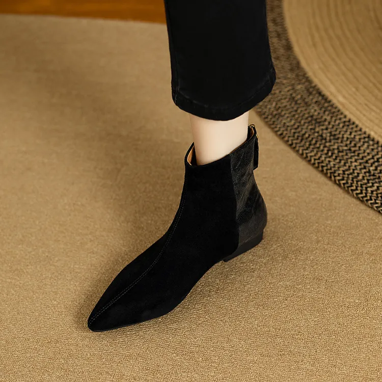 断码清仓真皮尖头磨砂单靴女平底2025秋冬羊皮瘦瘦靴复古百搭短靴