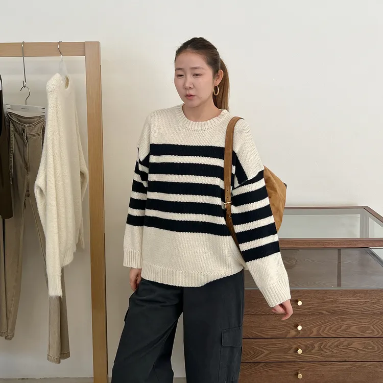 widelia陈姬儿秋冬慵懒风圆领条纹毛衣女宽松百搭长袖针织衫11625