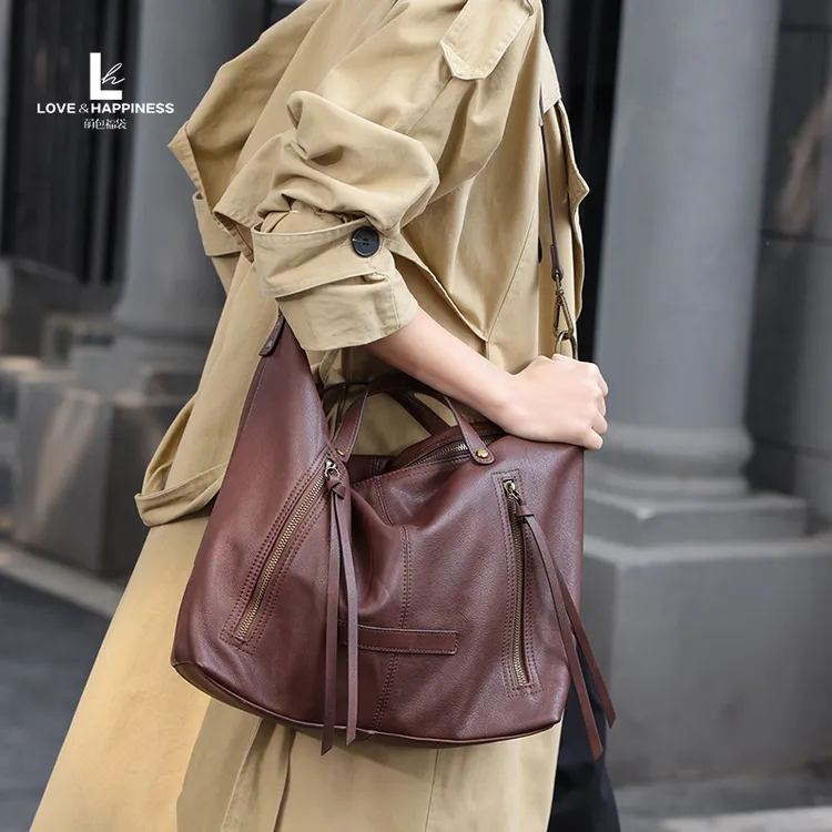 新款植鞣皮女包法式托特包大包拉链暗袋时尚百搭单肩斜跨软皮包包