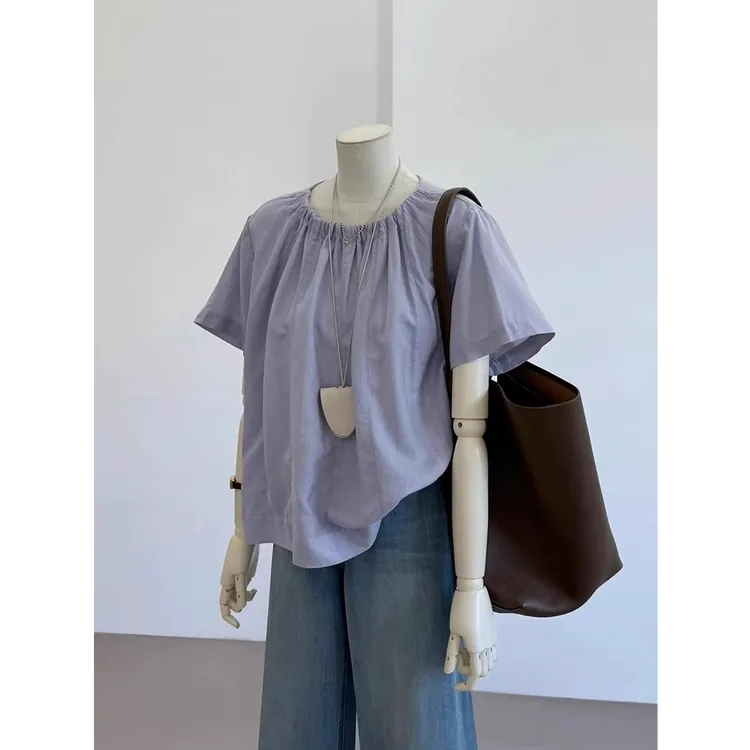 法式复古紫色短袖衬衫女2025夏季新款设计感小众别致时尚正肩上衣
