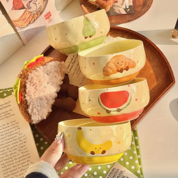 【四碗】水果可颂米饭碗家用少女心陶瓷釉下彩超好看吃饭碗可爱