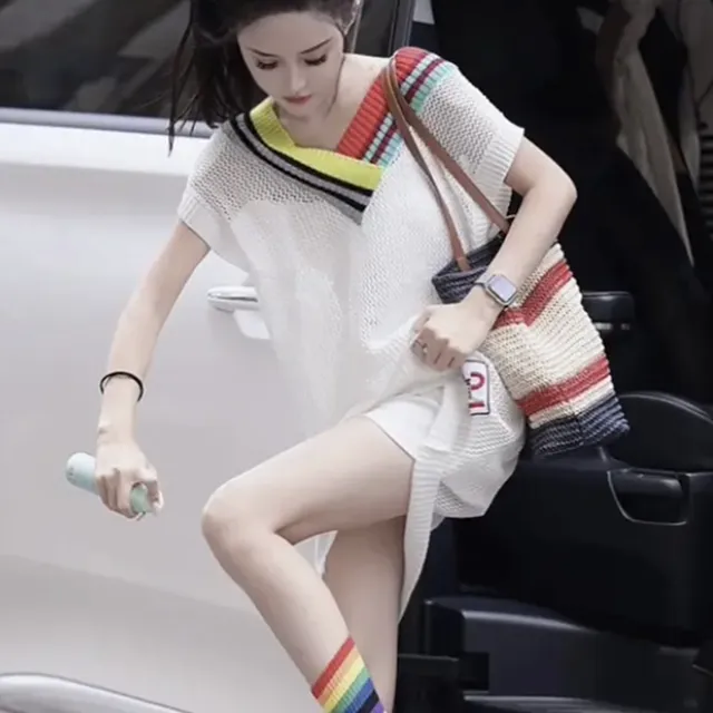 网红拼色无袖冰丝针织衫女薄款夏季百搭宽松中长款洋气镂空上衣潮