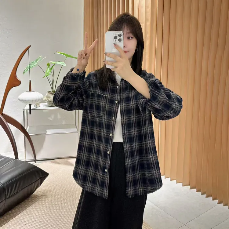 【褚培培自制】“那一抹灰格”-秋季原创设计感复古韩版格子衬衫女