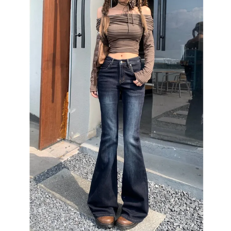 低腰不贴腿弹力微喇牛仔裤女2025秋高腰修身显瘦百搭拖地裤K00111