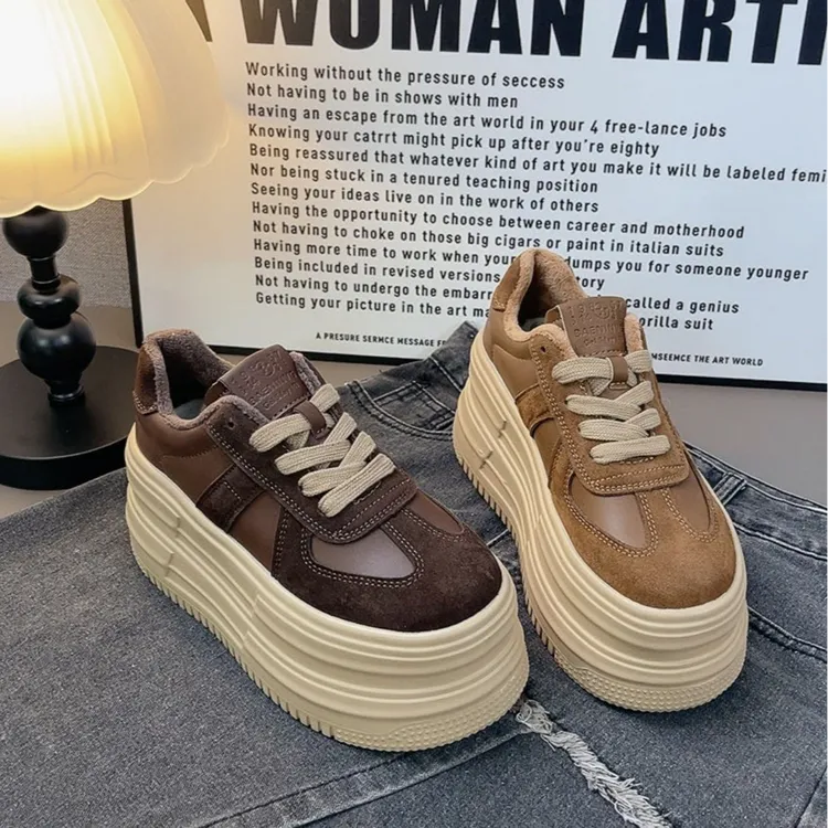 小个子厚底增高加绒板鞋女2025冬新款真皮百搭轻便系带休闲德训鞋