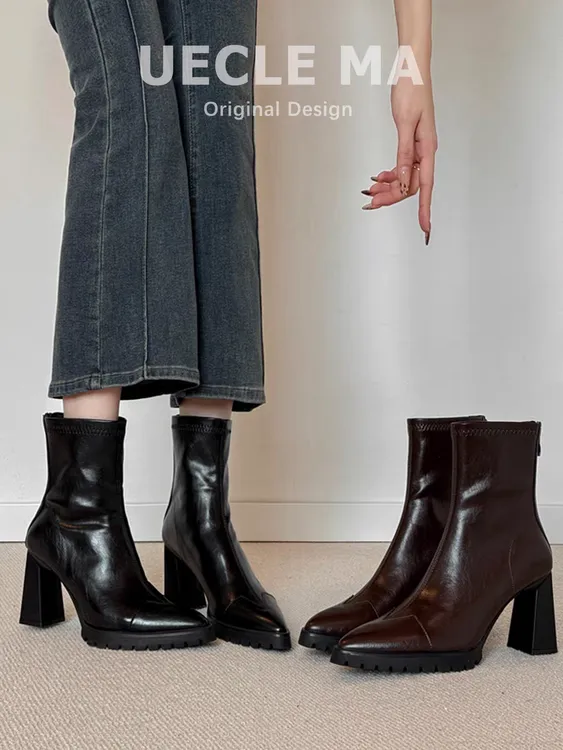 2025新款棕色瘦瘦靴增高厚底防水台短靴尖头高跟鞋秋冬鞋子美拉德