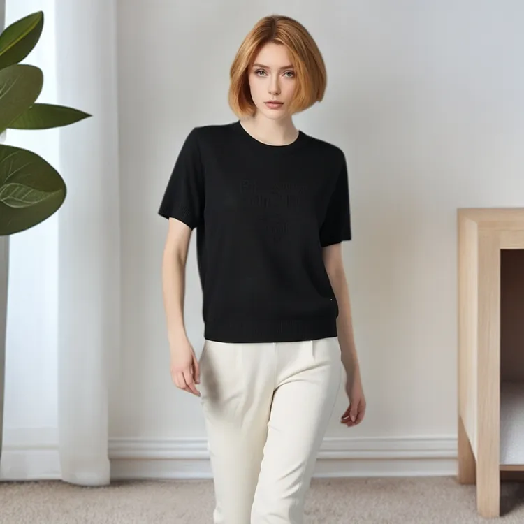 博日格德【牛奶丝】女士针织衫薄款圆领短袖套头花型夏季百搭休闲