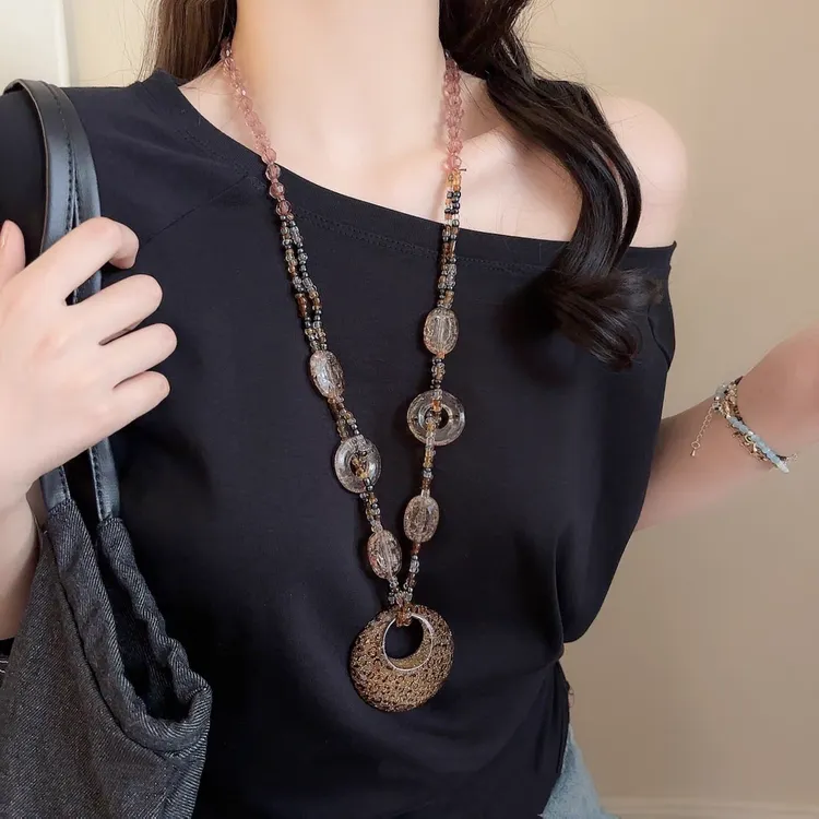 非金属树脂项链 复古民族风豹纹串珠平安扣项链女废土风个性配饰