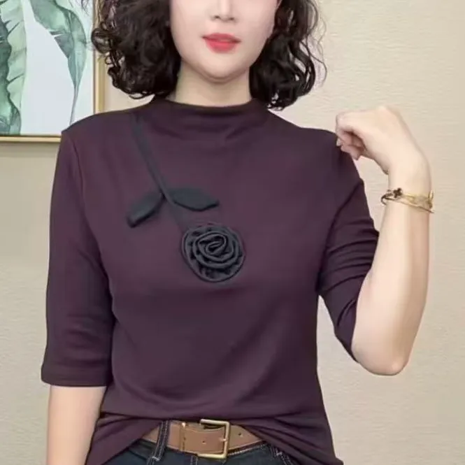 早秋新款中袖修身花朵针织衫时尚女装植物花卉减龄显瘦半高领T恤