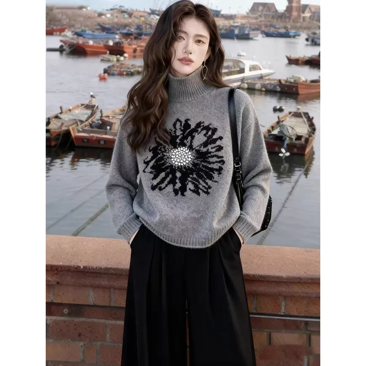 欧洲站高端女装秋冬新款设计感小众气质减龄灰色高领针织毛衣4643