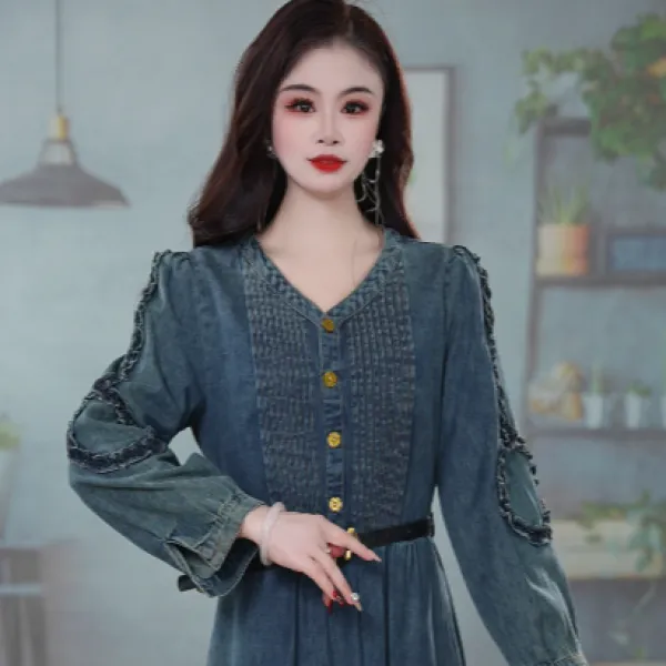 2025秋季新款气质设计感收腰遮肉显瘦减龄休闲牛仔连衣裙M-4XL