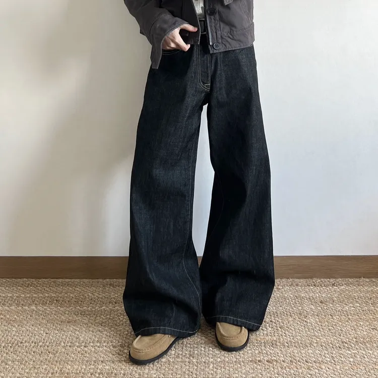 INTENT 黑色冈山15.2盎司复古原牛丹宁宽松直筒A型牛仔长裤