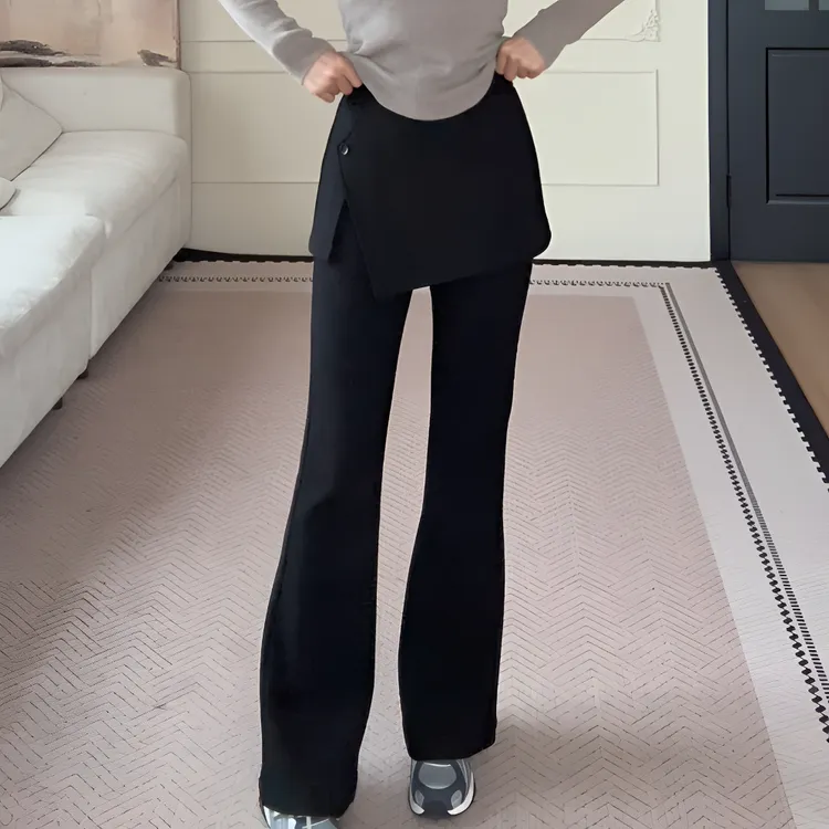 【余欢欢】冬季时尚修身显瘦拼接假两件喇叭休闲长裤-YHK50486