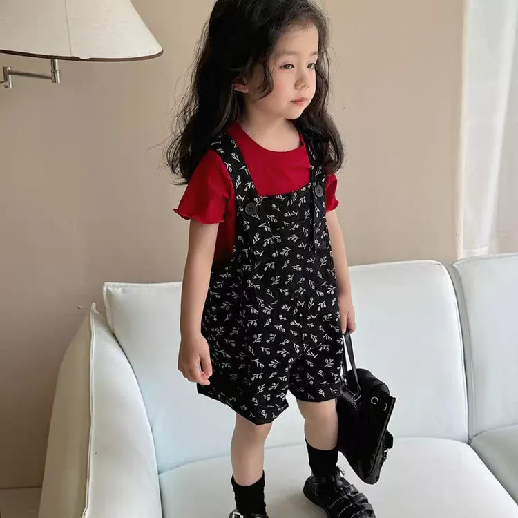 2025亲子款女童樱桃背带裤+红T套装夏季洋气网红韩版时尚休闲女宝