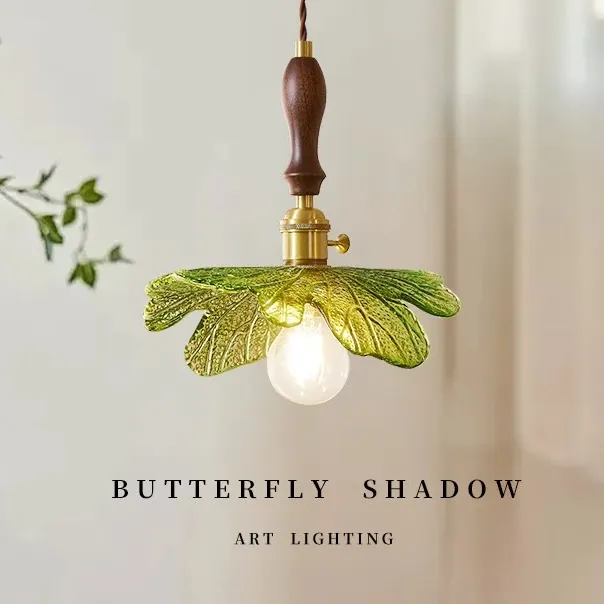 绿叶小清新餐厅吧台绿色玻璃吊灯日式复古民宿卧室床头装饰黄铜灯