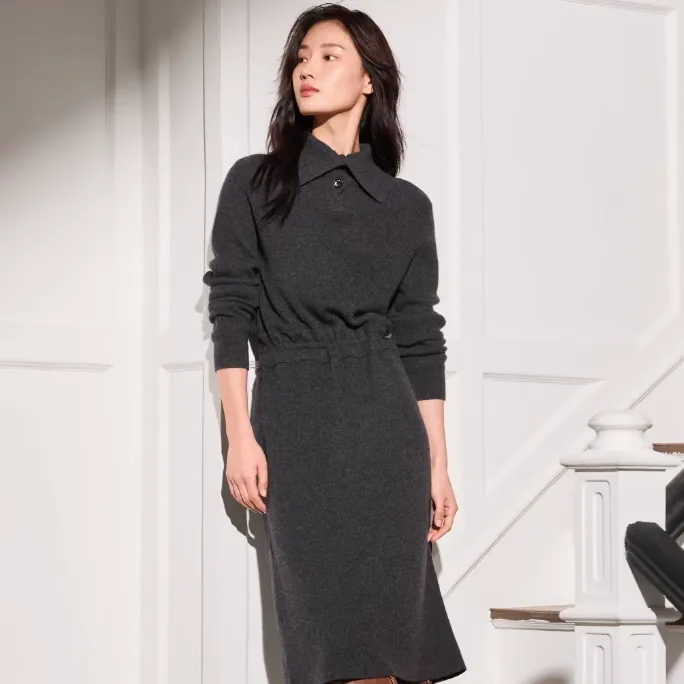 ELLASSAY歌力思秋季新款灰色两穿气质长袖连衣裙女EWW363M06800