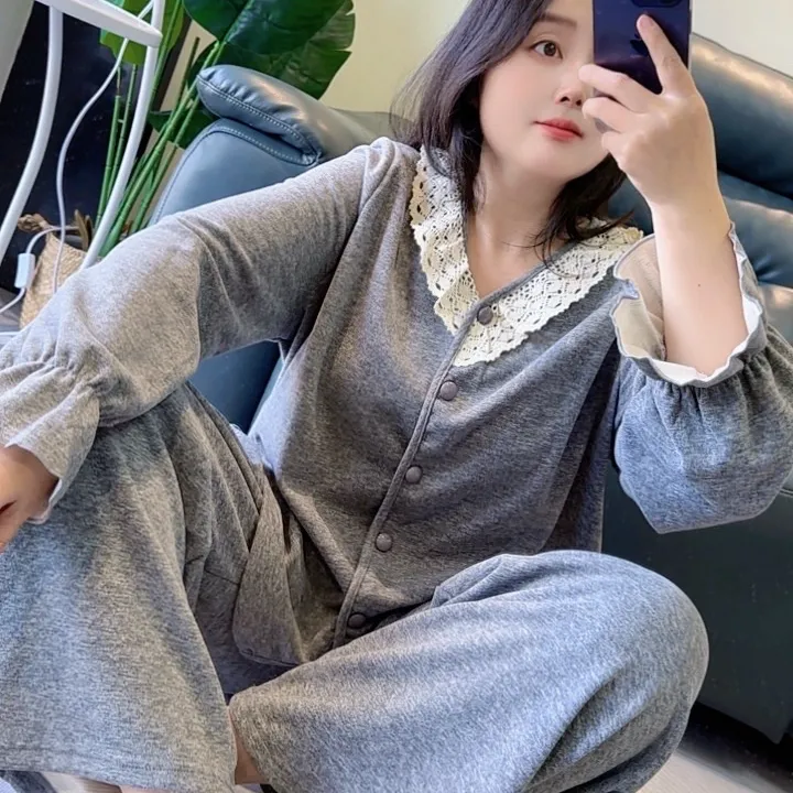 冬季大码睡衣V领德绒家居服套装加肥加大宽松蕾丝甜美保暖高腰胖