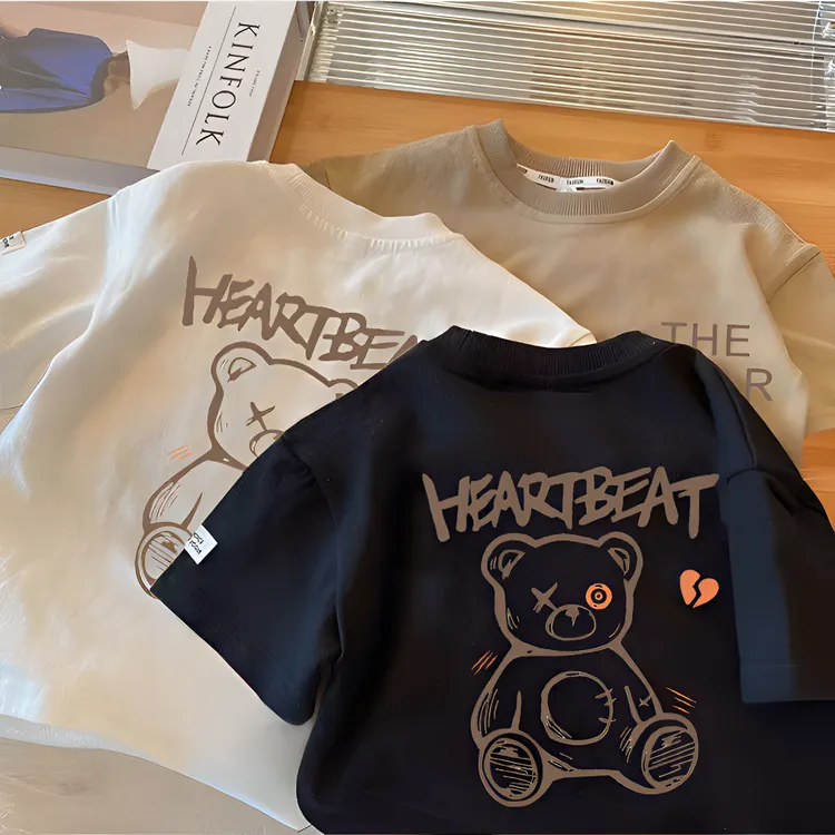 小熊痞帅短袖纯棉T恤男女童男童t恤打底衫动漫印花半袖中大童衣服