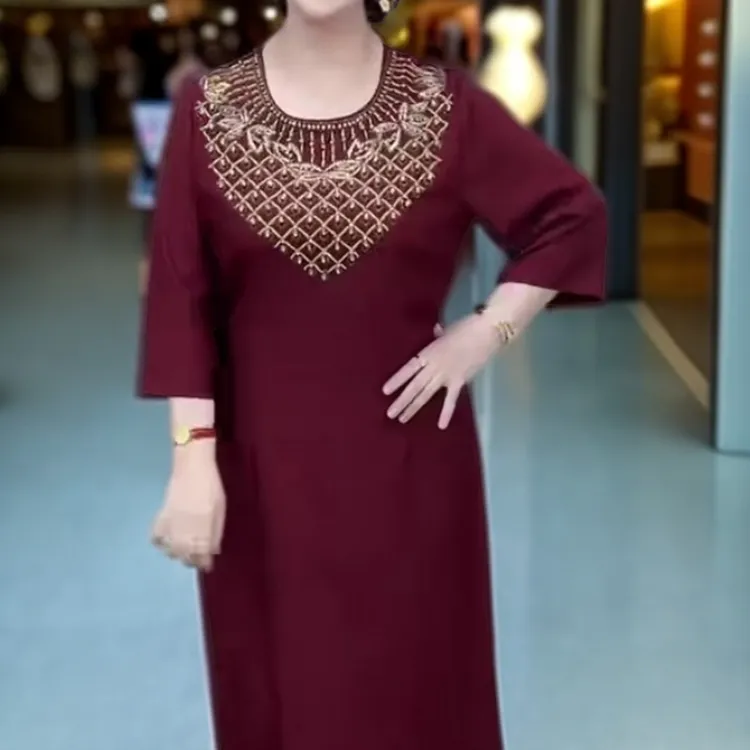 网红中年妈妈长袖连衣裙甜美重工工艺长款裙子遮肚子