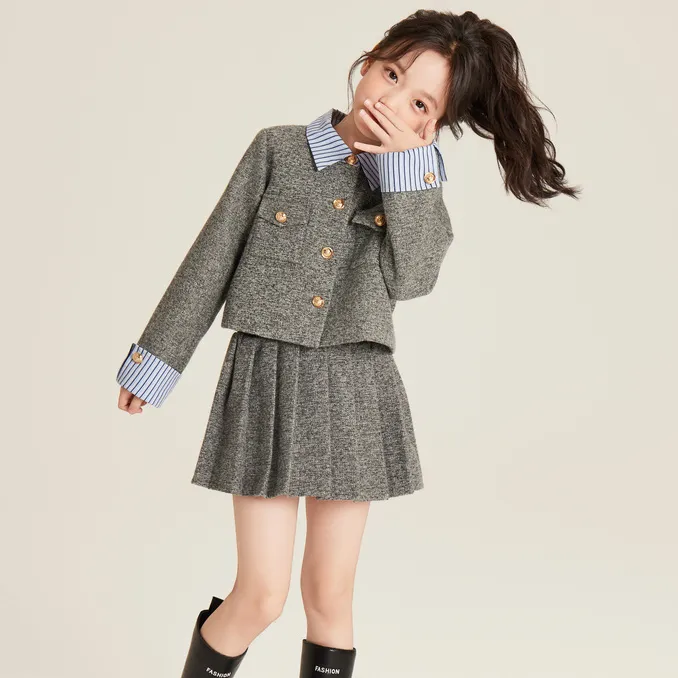 女童套装秋季2025新款韩式高级感翻领灰色小香风外套百褶裙两件套