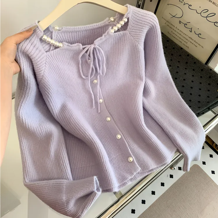 法式温柔风珍珠镂空毛衣女秋冬加厚高级感气质软糯针织衫内搭上衣