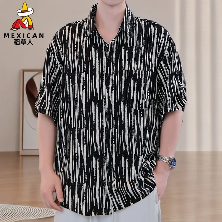 稻草人高端潮牌夏季黑白条纹冰丝短袖衬衫男士时尚休闲设专柜品质