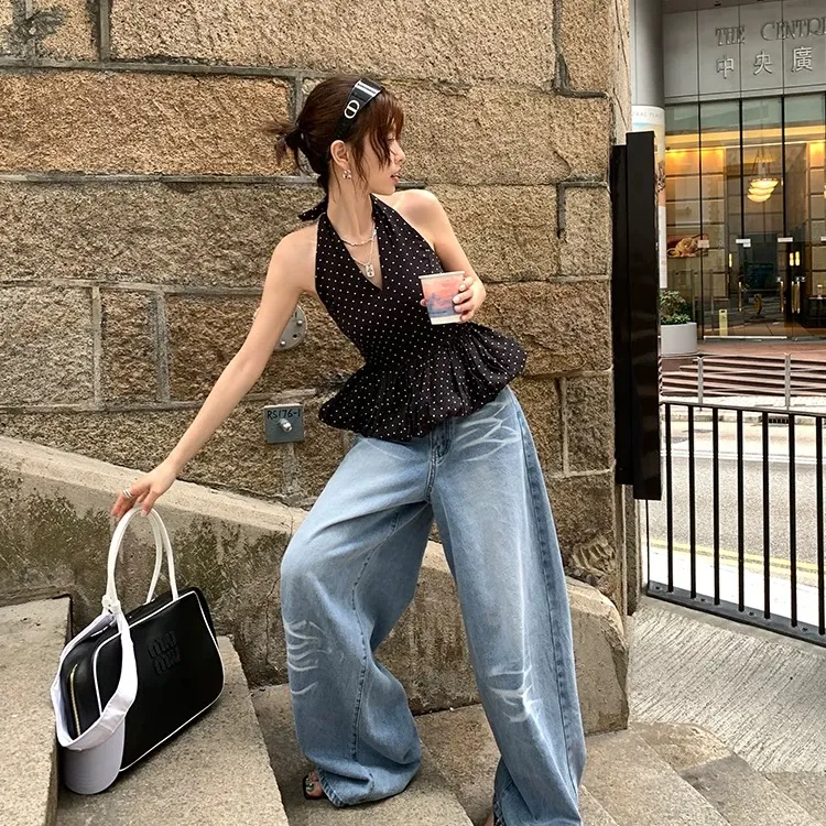 2025夏季新款气质V领挂脖设计无袖圆点上衣女短款背心吊带上衣女