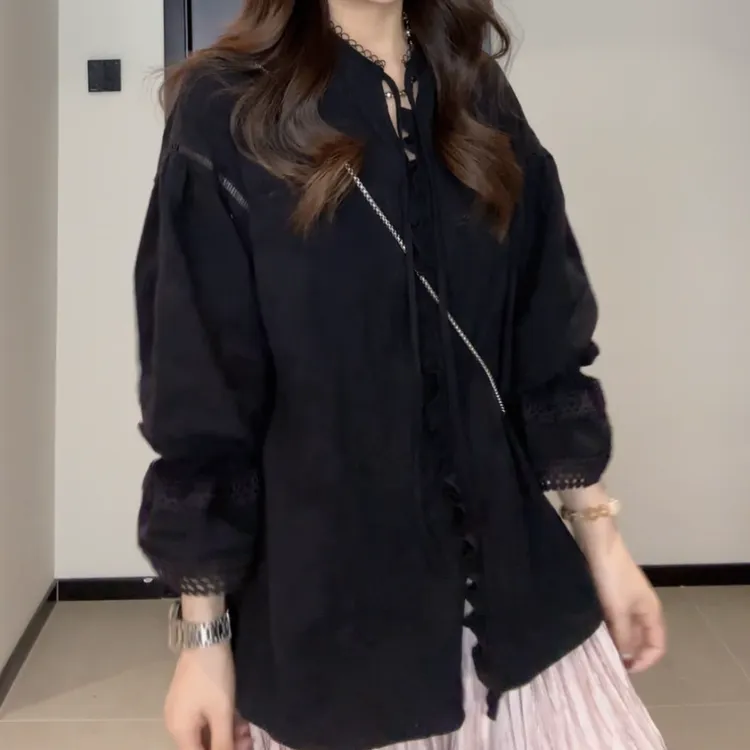 【初见欢喜】法式气质时尚长袖水溶蕾丝拼接宽松衬衫上衣女