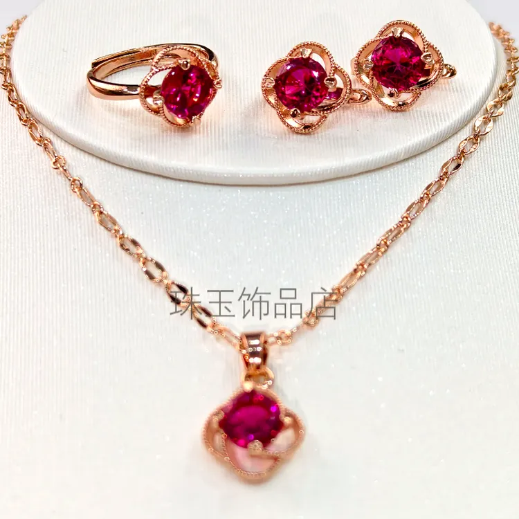 铜合金锆石项链 铜合金项链金色红色三件套时尚百搭款式585pasun