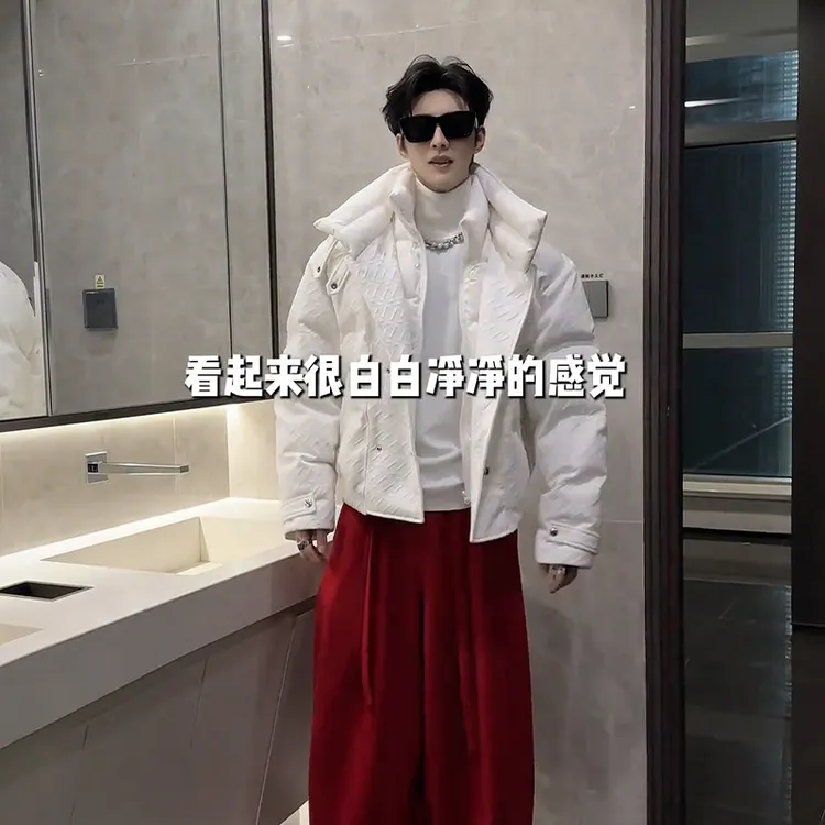 设计感白色假两件棉服男冬季小众双层领痞帅棉衣高级感立领面包服