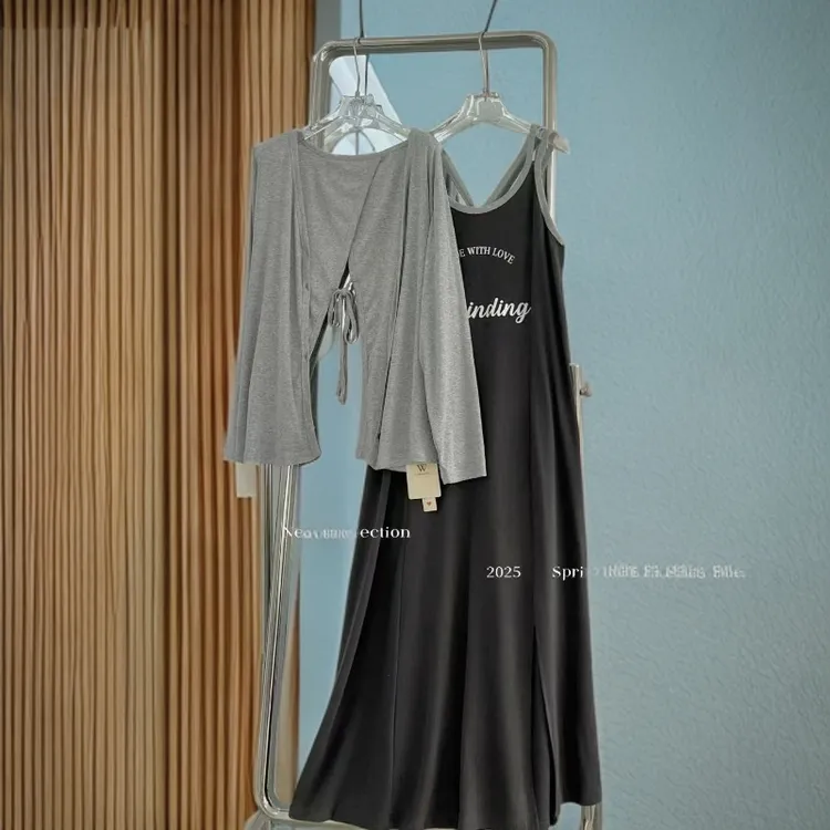 2025年夏季新款大码洋气空调罩衫+吊带长款连衣裙两件套