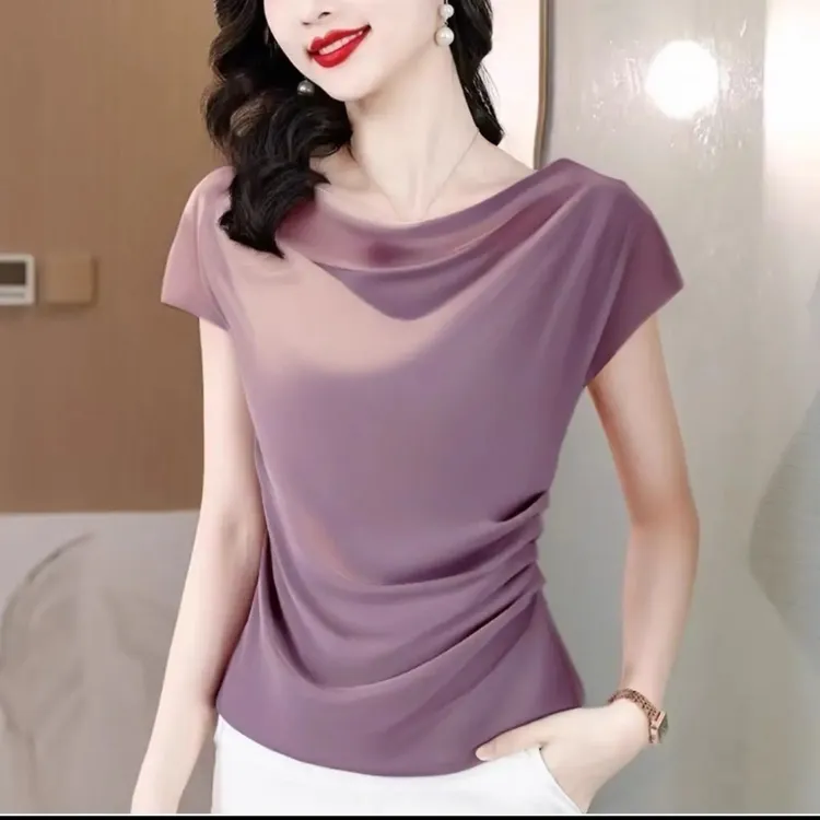 一字领短袖褶皱拼接修身型T恤百搭洋气小众极简风
