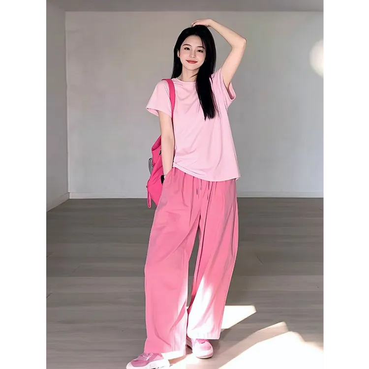 2025夏季新款ins气质简约小众百搭短袖上衣女配高腰显瘦休闲裤子