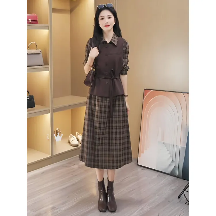 时尚套装裙女士早秋新款洋气减龄马甲格子连衣裙中长裙两件套2575