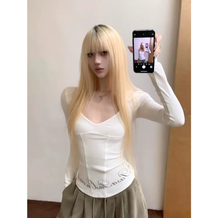 【加绒】设计感印花长袖T美式辣妹修身显瘦V领鱼骨线打底衫正肩上衣