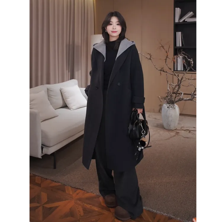 广州琴姐【云幕漫步】琥珀流光风羊毛连帽毛呢外套女士秋冬新款3507