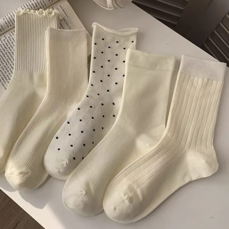 韩系袜子奶白色中筒春夏百搭纯色堆堆长袜韩版袜子女夏季薄款