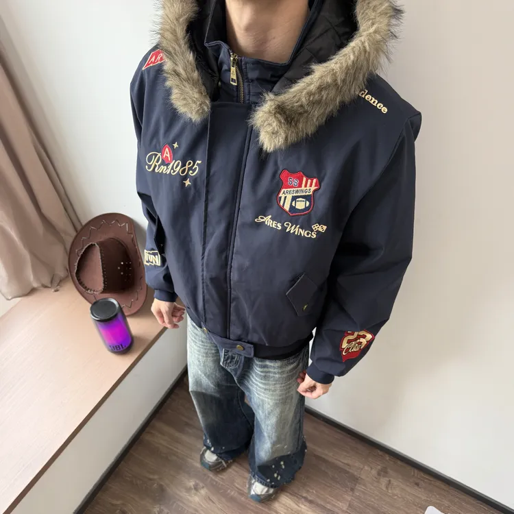 美式高街刺绣徽章座山雕棉衣男可拆卸帽子冬季小众加厚保暖夹克