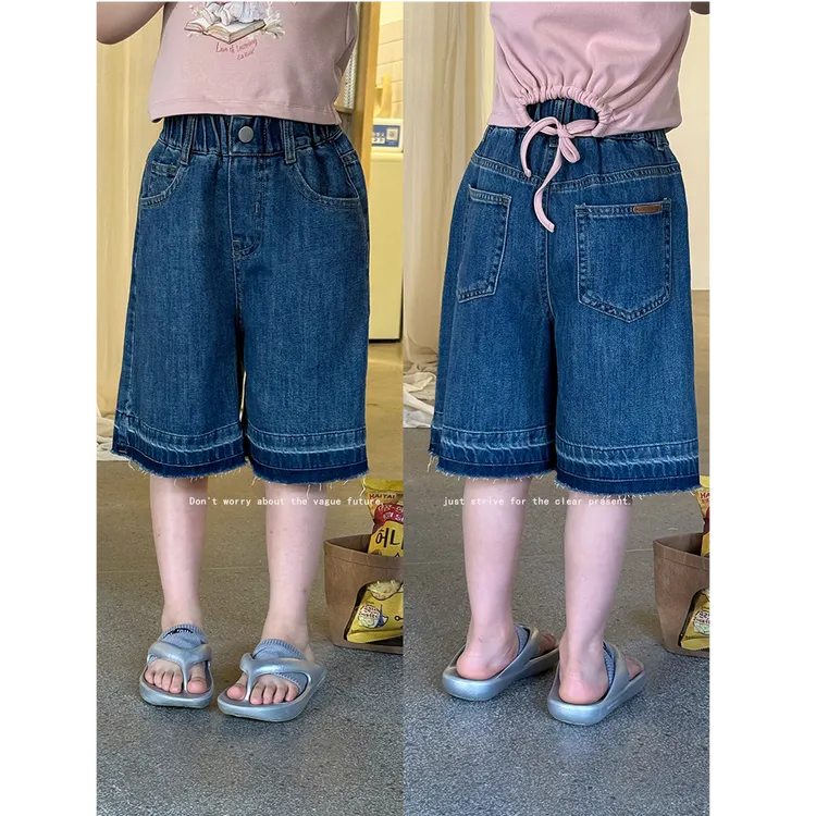 【现货已开价】夏女童裤子儿童薄款拼接过膝五分牛仔中裤潮25C204