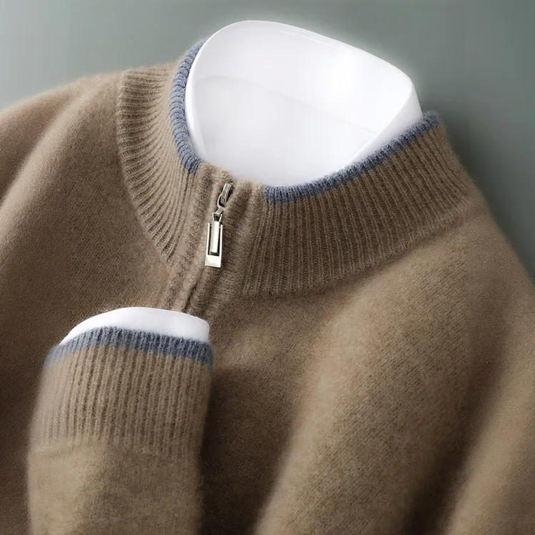 春秋针织开衫纯羊绒加厚撞色双拉链外套圆领大码上衣商务休闲男装